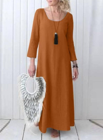 Women's Full-length Dress Cotton And Linen Dress-Brown-6