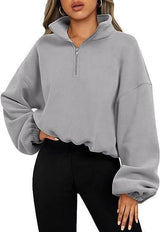 Women's Half Zipped Stand Collar Drawstring At Hem Polar-Gray-11