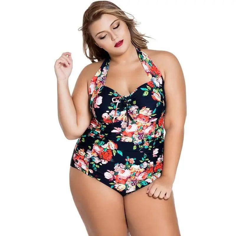 Women's Halterneck Sexy Gathered Plus Size One-piece-Black-1