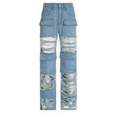 Women's High Waist Zipper Straight Ripped Jeans-4