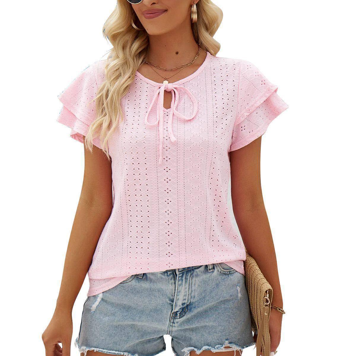 Women's Hole Hollow-out Lace-up Double-layer Sleeve Top-Pink-5