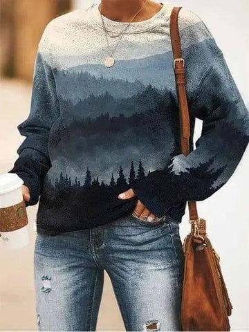 Women's Landscape Floral Print Long Sleeve Pullover-Printing 1-3
