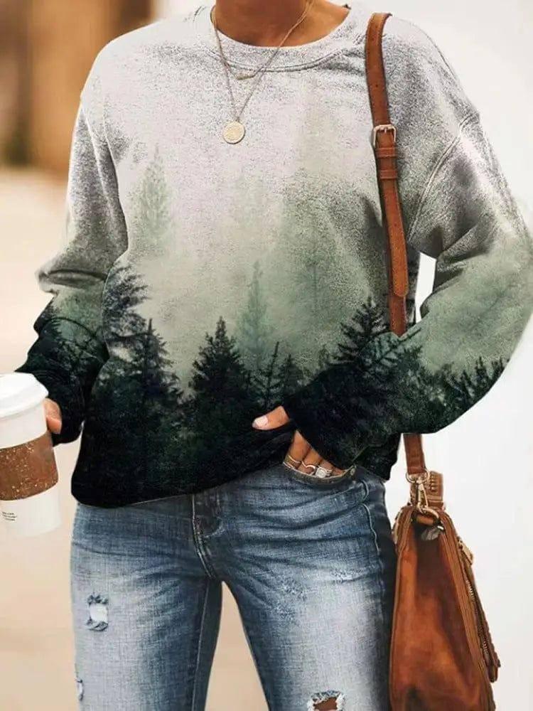 Women's Landscape Floral Print Long Sleeve Pullover-Printing 3-4