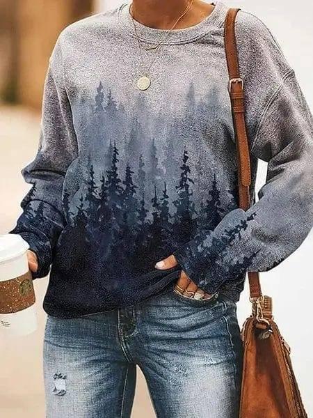 Women's Landscape Floral Print Long Sleeve Pullover-Printing 4-5