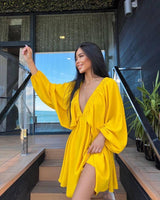 Women's Lantern Sleeve V-neck Dress-Yellow-10