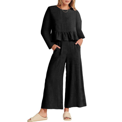 Women's Long Sleeve Pleated Short Sleeves Suit-Black-3