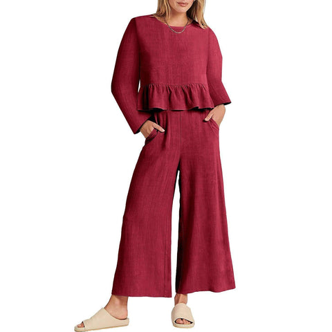 Women's Long Sleeve Pleated Short Sleeves Suit-Red-4