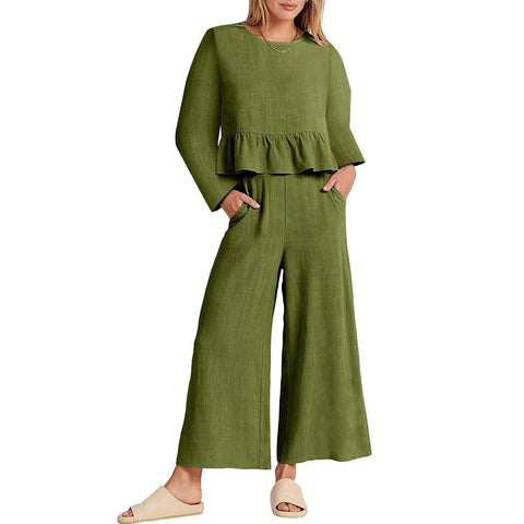 Women's Long Sleeve Pleated Short Sleeves Suit-Army Green-6