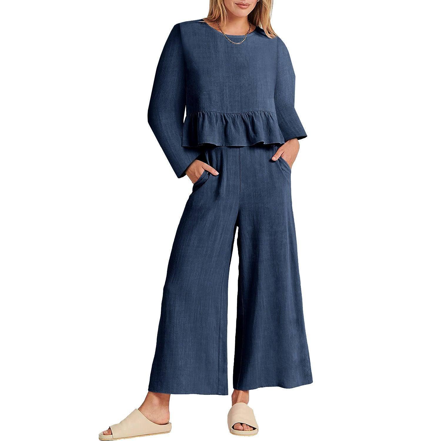 Women's Long Sleeve Pleated Short Sleeves Suit-Navy Blue-7