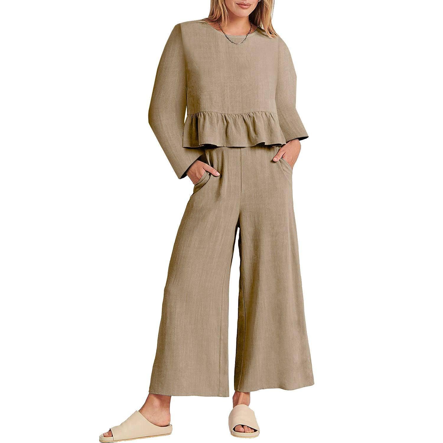 Women's Long Sleeve Pleated Short Sleeves Suit-Khaki-9
