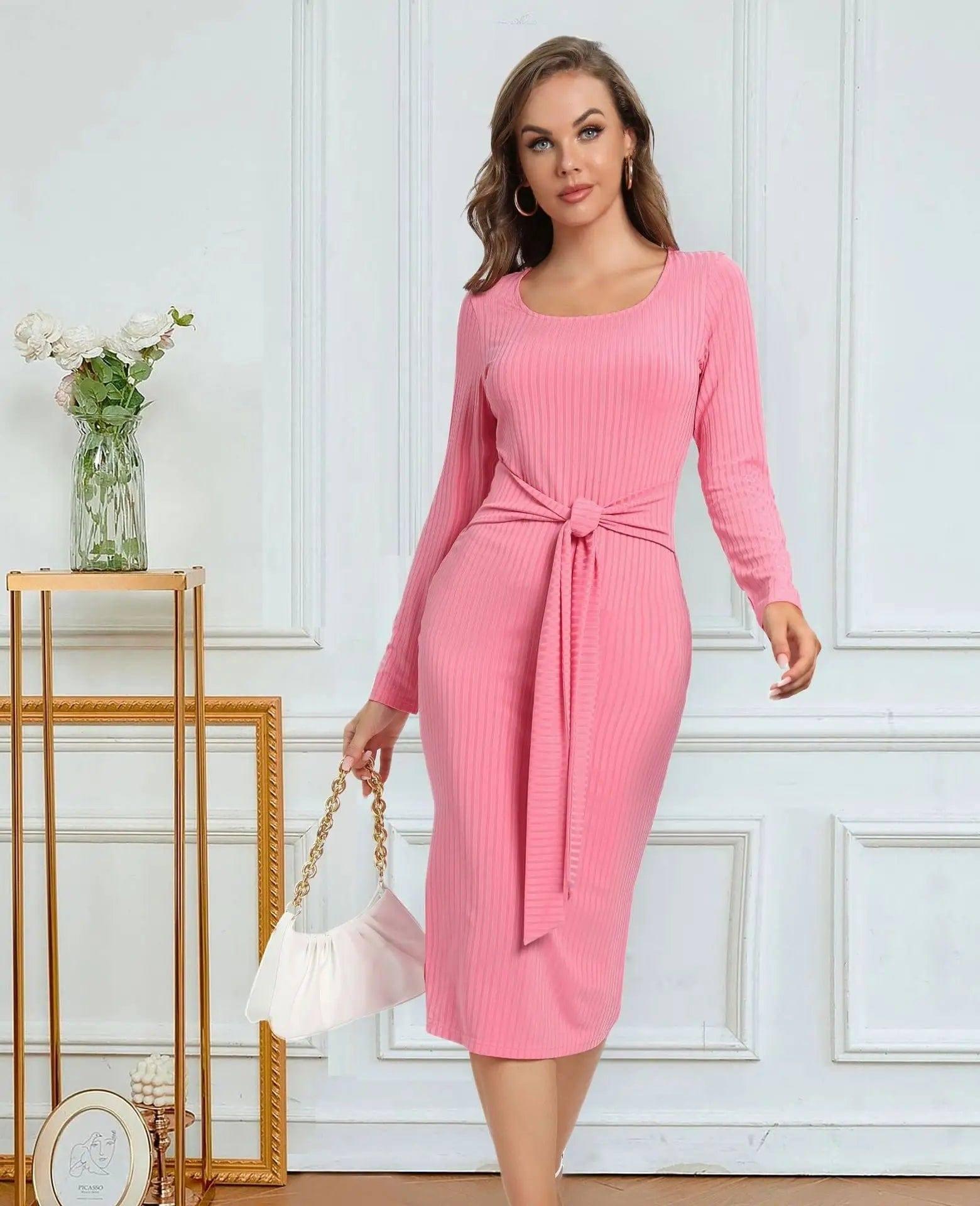 Women's Long Sleeve Tie Split Pit Stripe Midi Dresses-Pink-1