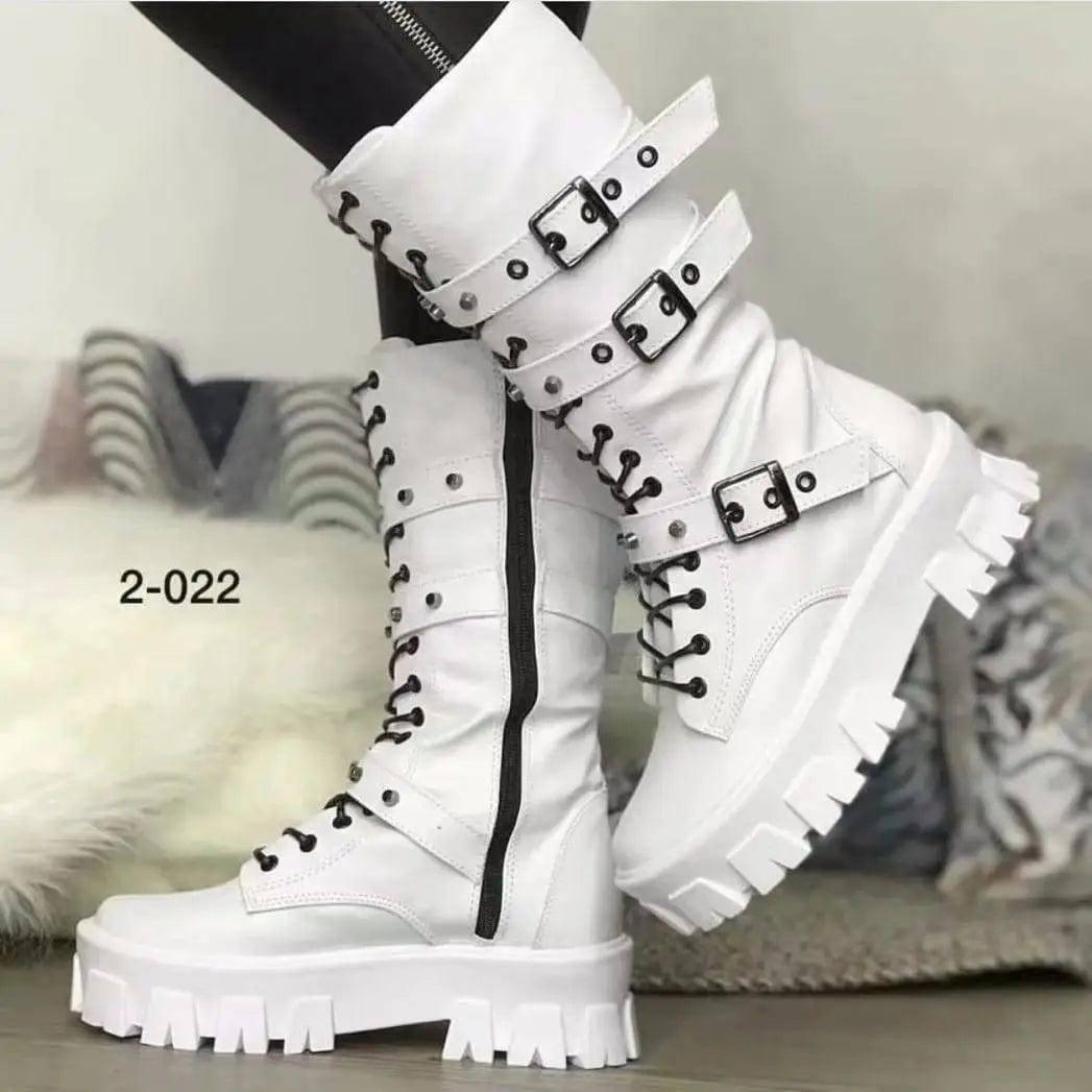 Women's Martin Boots Lace Up Combat Boot Mid Calf Platform-White-1