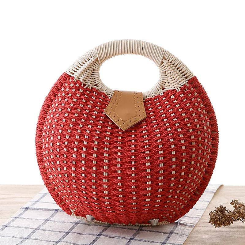 Women's Natural Rattan Handwoven Round Shell Handbag-Red-11