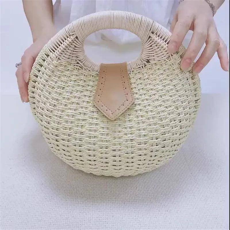 Women's Natural Rattan Handwoven Round Shell Handbag-2