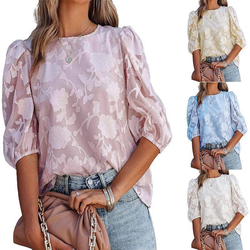 Women's Puff Sleeve Chiffon Loose Top Flower Texture Shirt-1