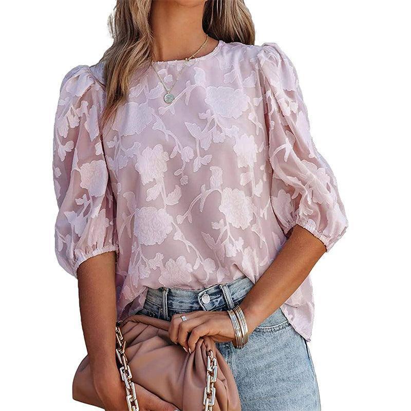 Women's Puff Sleeve Chiffon Loose Top Flower Texture Shirt-Pink Purple-10