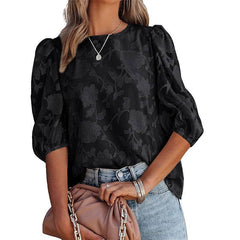 Women's Puff Sleeve Chiffon Loose Top Flower Texture Shirt-2