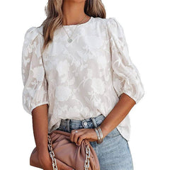 Women's Puff Sleeve Chiffon Loose Top Flower Texture Shirt-4