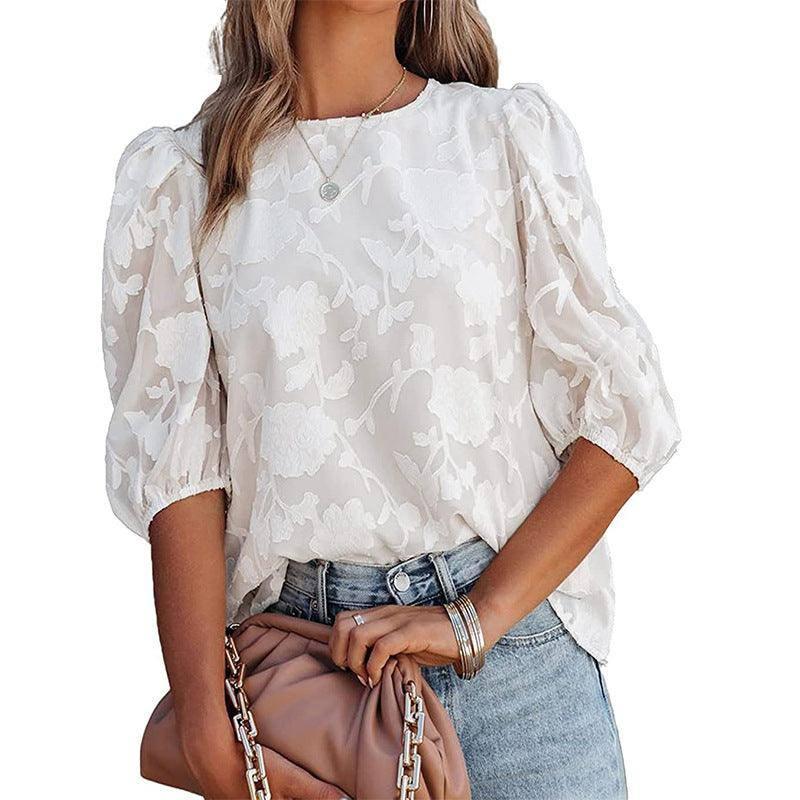 Women's Puff Sleeve Chiffon Loose Top Flower Texture Shirt-White-6