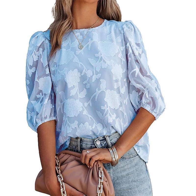 Women's Puff Sleeve Chiffon Loose Top Flower Texture Shirt-Sky Blue-8
