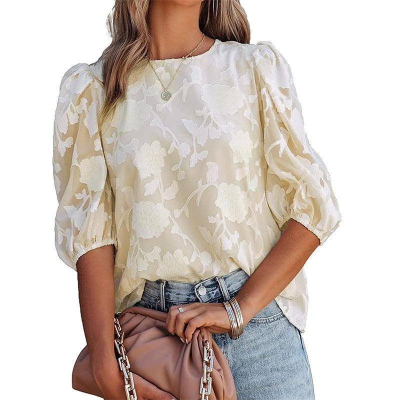 Women's Puff Sleeve Chiffon Loose Top Flower Texture Shirt-Light Apricot Colored-9