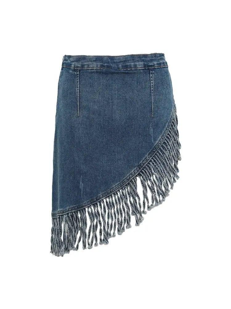 Women's Retro Irregular Tassel Denim Skirt-Blue-6