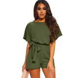 Women's Round Neck Short-sleeved Lace-up Jumpsuit-LC64515 Green-11