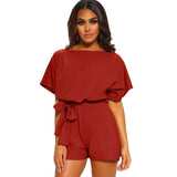 Women's Round Neck Short-sleeved Lace-up Jumpsuit Combi LOVEMI  LC64515 Wine Red S 