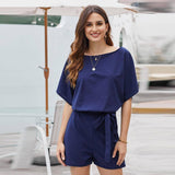 Women's Round Neck Short-sleeved Lace-up Jumpsuit-Blue-7