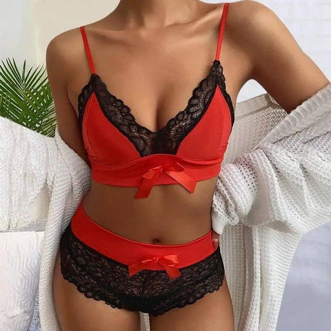 Women's Sexy Lingerie Lace Suspenders Three-point Sexy-Red-1
