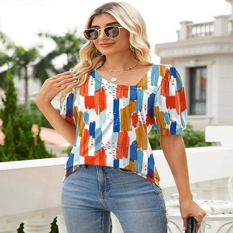 Women's Short Sleeve Irregular Puff Sleeve Loose Floral-1