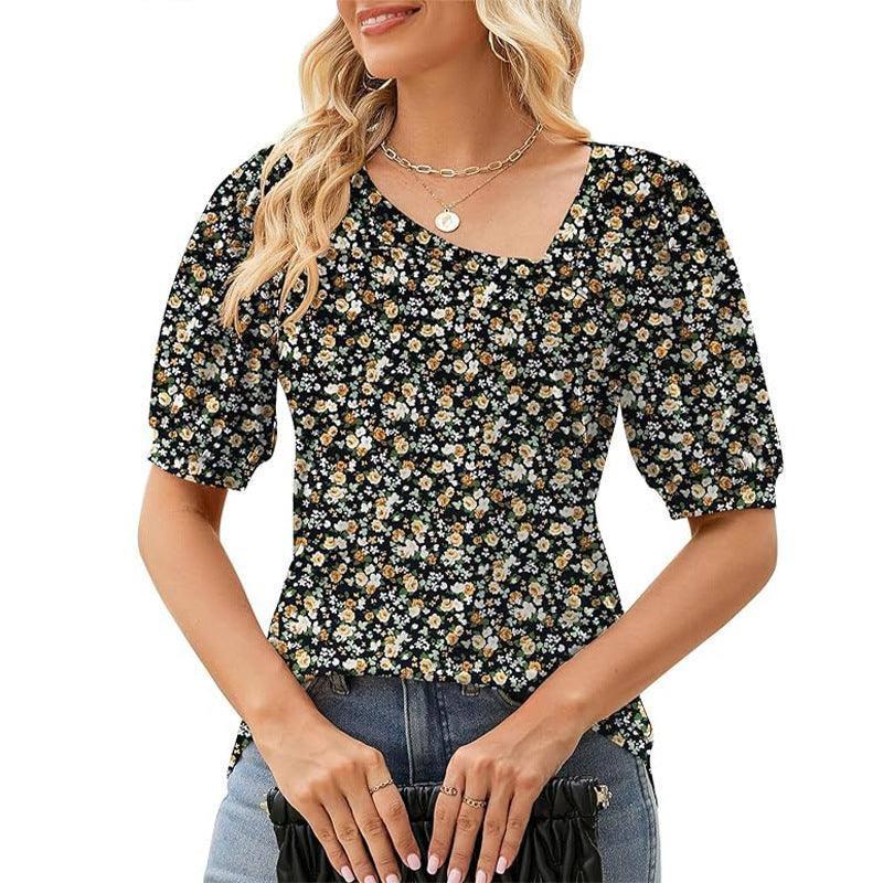 Women's Short Sleeve Irregular Puff Sleeve Loose Floral-Flower Pattern 1-6