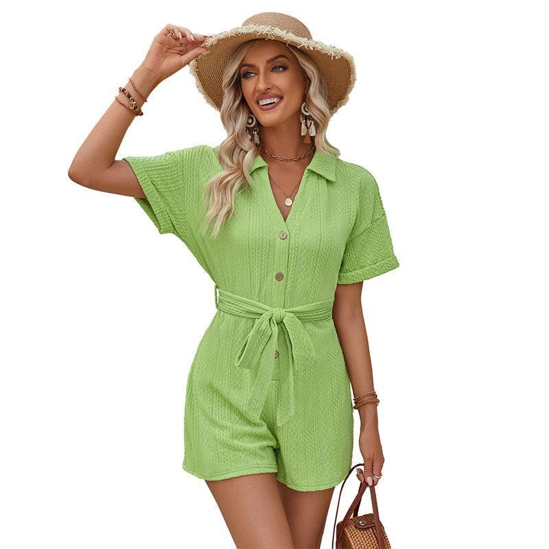 Women's Short-sleeved Shorts Jumpsuit Lace-up Turn-down-S-4
