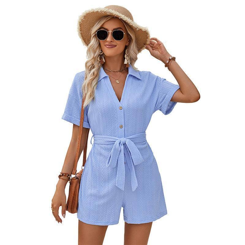Women's Short-sleeved Shorts Jumpsuit Lace-up Turn-down-S-5