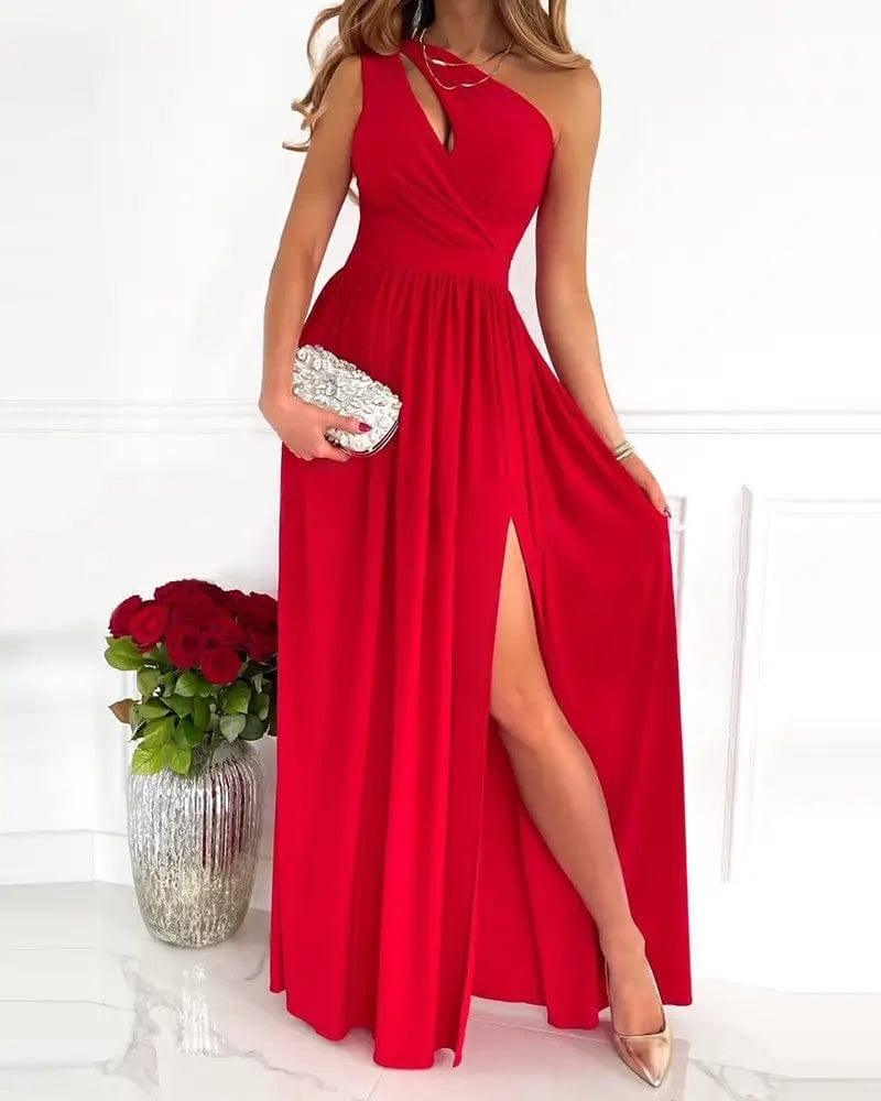 Women's Slanted Shoulder Cutout Gradient Dress-Red-10