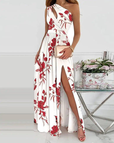 Women's Slanted Shoulder Cutout Gradient Dress-White Red Flower-11