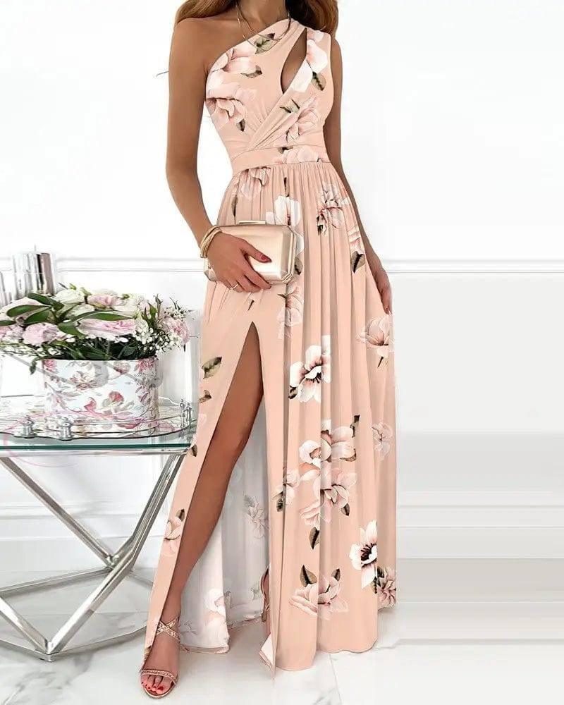 Women's Slanted Shoulder Cutout Gradient Dress-Beige Printing-3