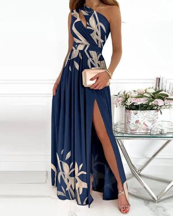 Women's Slanted Shoulder Cutout Gradient Dress-Blue Print-4