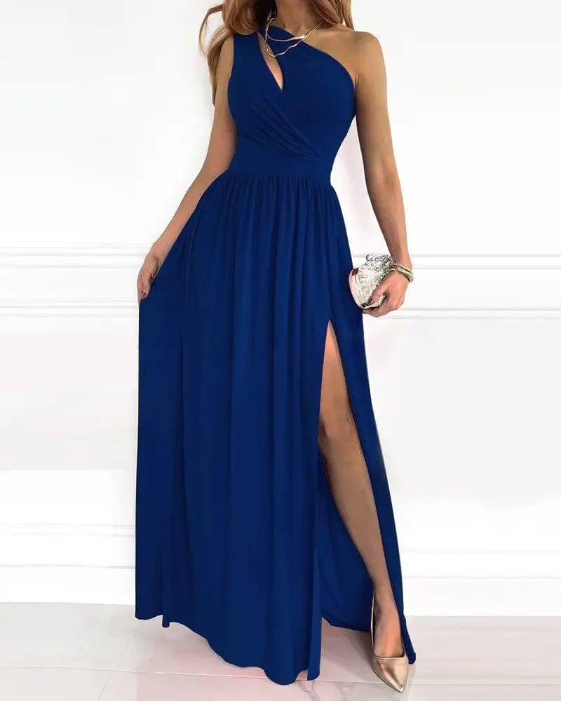 Women's Slanted Shoulder Cutout Gradient Dress-Dark Blue-7