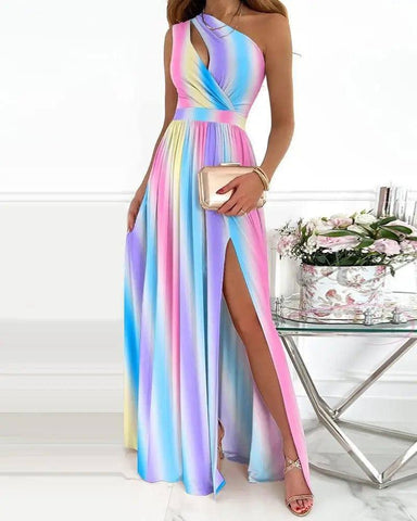 Women's Slanted Shoulder Cutout Gradient Dress-Multicolor-9