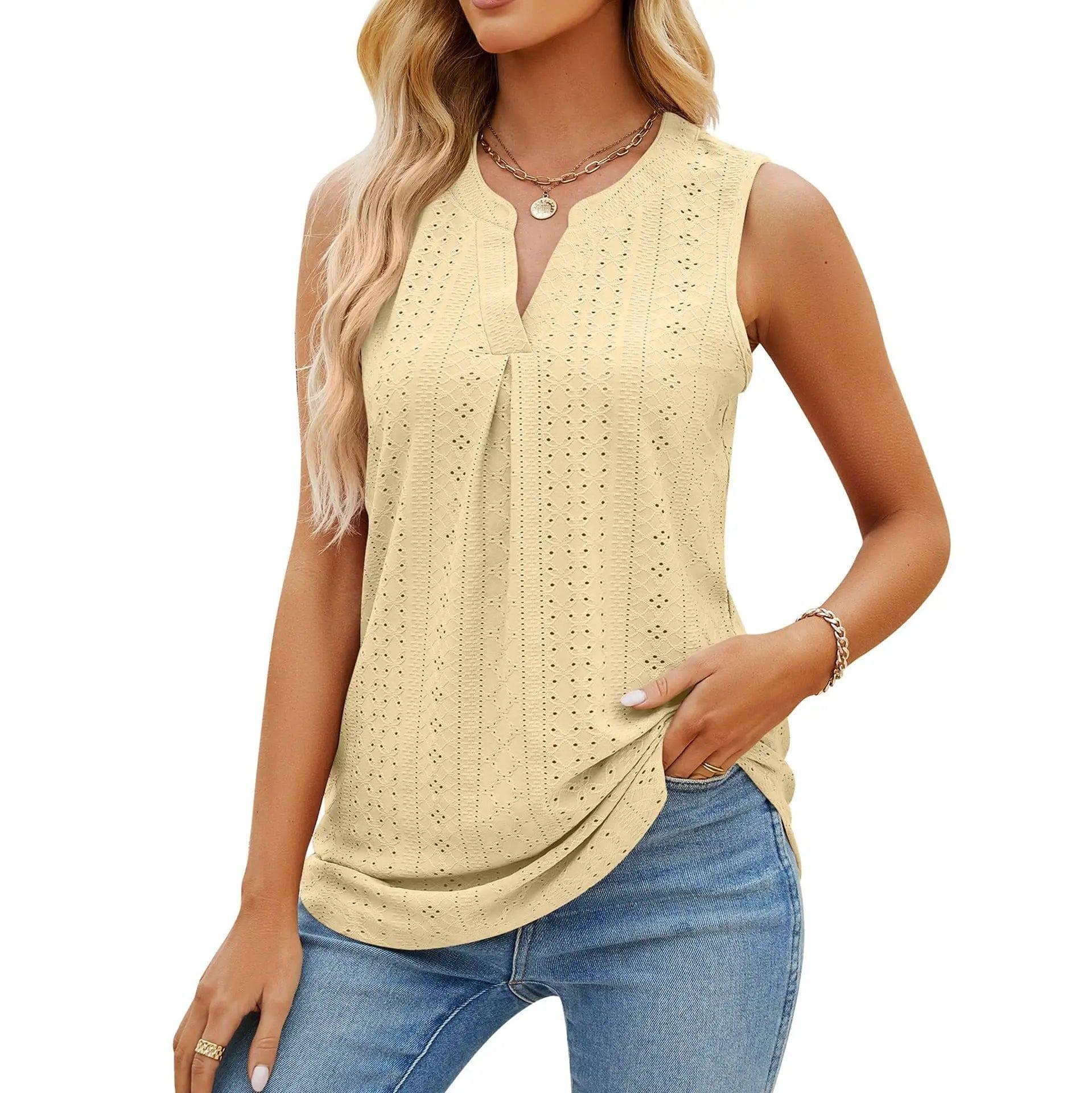 Women's Sleeveless T-shirt Summer Hole V-Neck Slim Fit Tank-Yellow-15