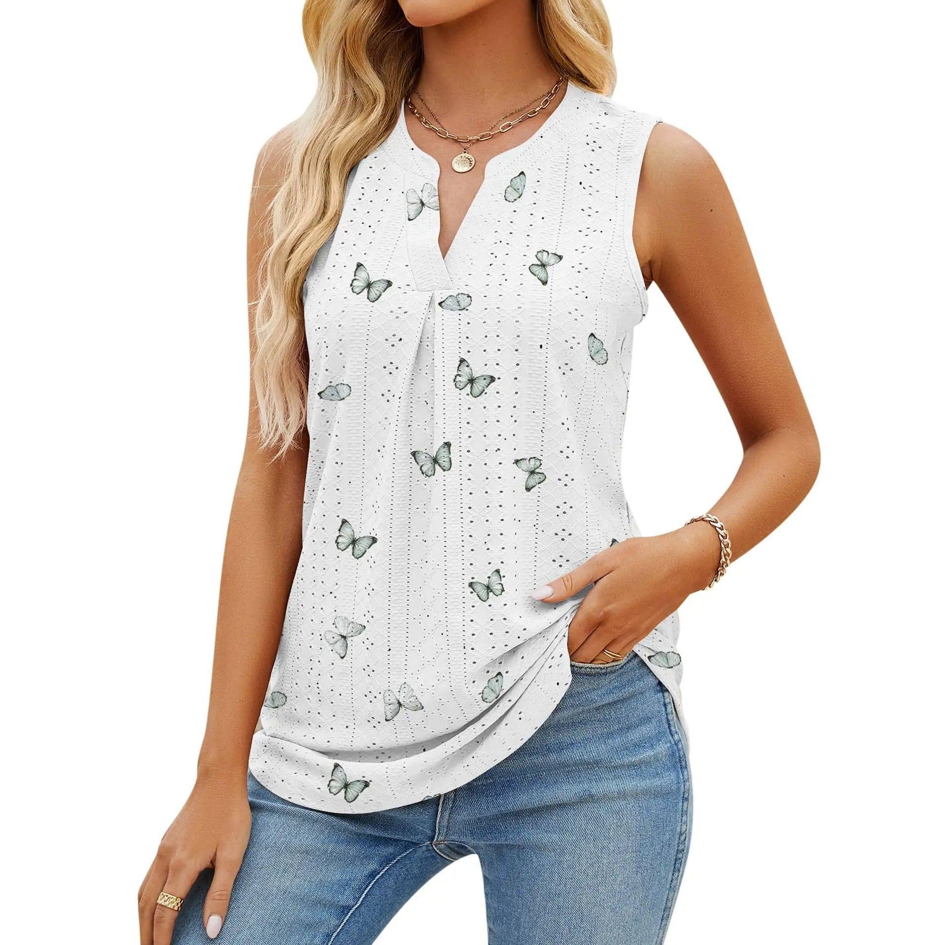 Women's Sleeveless T-shirt Summer Hole V-Neck Slim Fit Tank-Iris-3