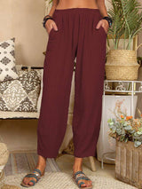Women's Solid Color Loose Cotton And Linen Casual Pants Home-Wine Red-10