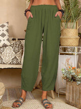 Women's Solid Color Loose Cotton And Linen Casual Pants Home-Army Green-12