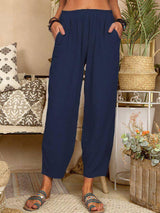 Women's Solid Color Loose Cotton And Linen Casual Pants Home-Dark Blue-13