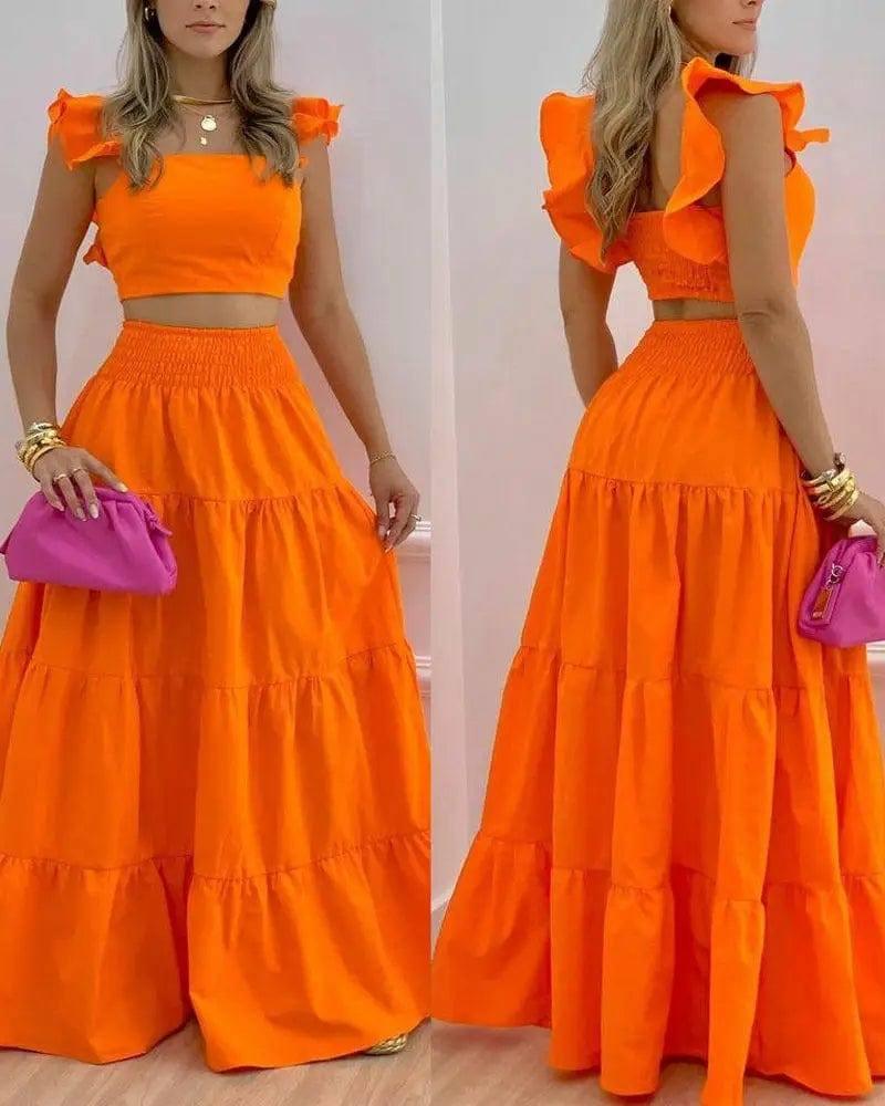 Women's Solid Color Mid Waist Big Swing Two Piece Dress-Orange-1