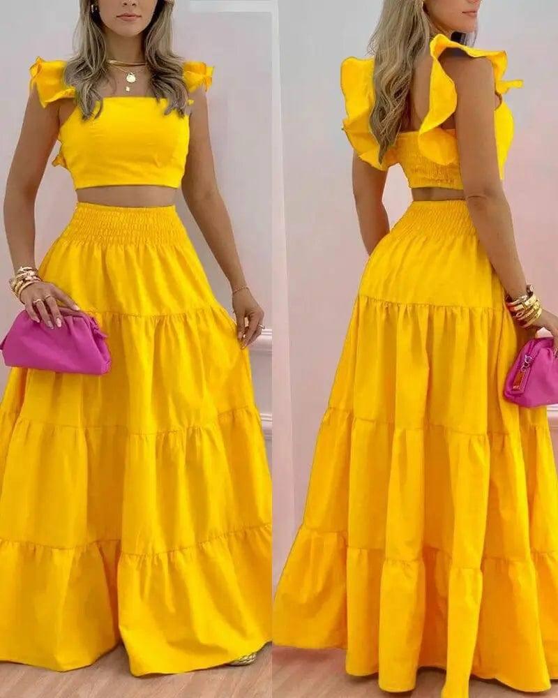 Women's Solid Color Mid Waist Big Swing Two Piece Dress-Yellow-3