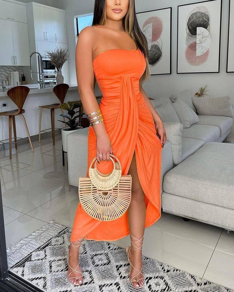 Women's Solid Color Sexy Tube Top Pleated Slit Sleeveless-Orange-3