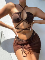 Women's Split Swimsuit Solid Color Sexy Bandage Pleated-Coffee-2