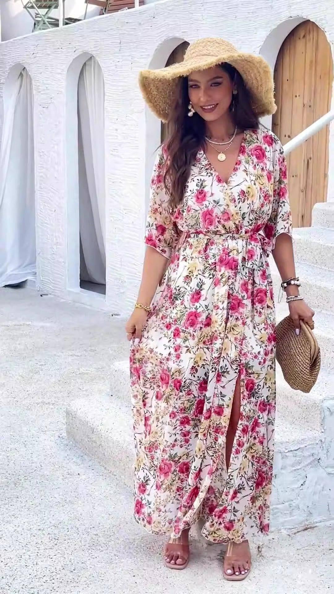 Women's spring/summer elegance printed waist dress-10